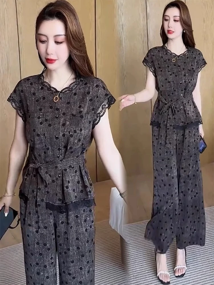 时尚套装女2025夏季新款洋气显瘦气质短袖上衣阔腿裤两件套潮