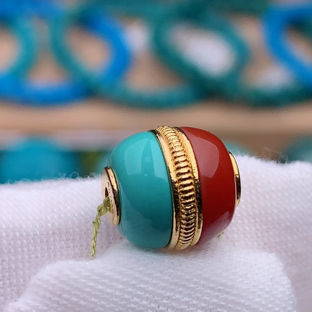 18K金镶嵌绿松石珠宝奇石10mm汉堡珠