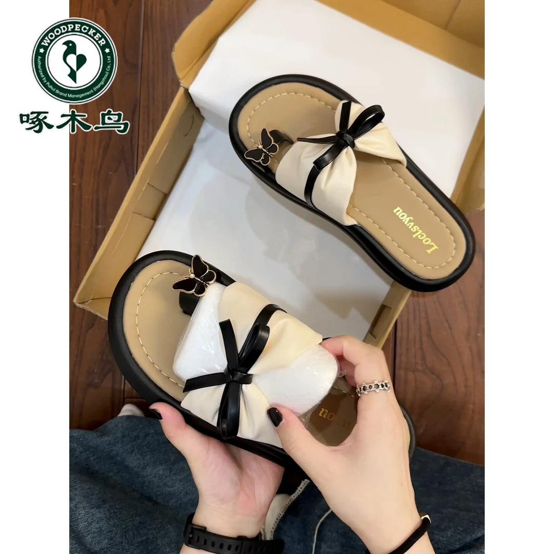 啄木鸟厚底增高蝴蝶结夹趾女外穿2025年夏季新款休闲沙滩凉拖鞋