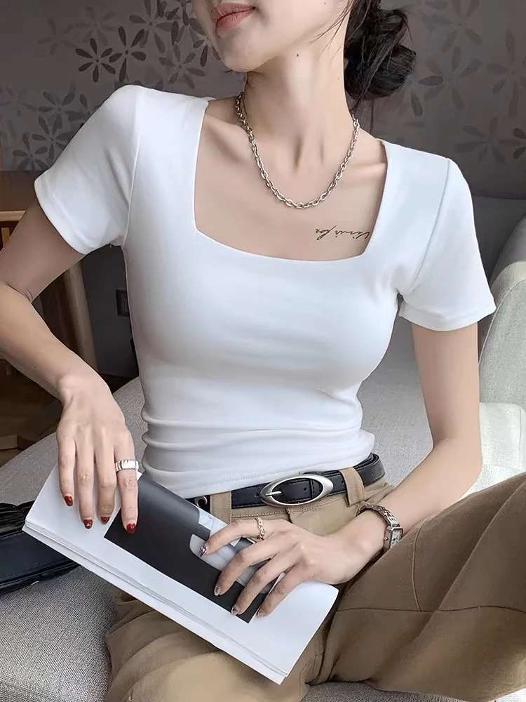 方领修身型拼接短袖通勤活泼T恤半袖时尚不规则修身短款气质