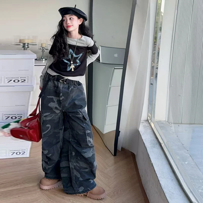 【毛妈潮牌】女童春秋潮酷迷彩工装裤套装2025新款中大童宽松两件套
