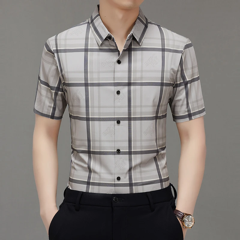 爆款男士短袖衬衣时尚潮流大格子印花高档无痕抗皱免烫男短袖衬衫