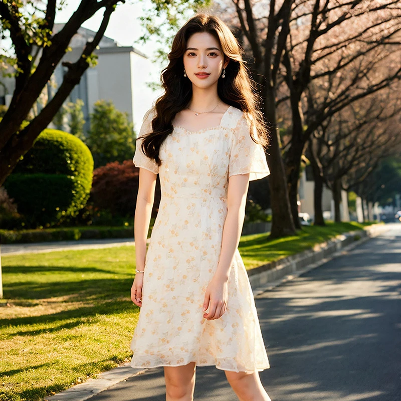 奢姿【桃夭】大码女装2025夏季木耳边方领连衣裙胖妹妹碎花减龄裙子