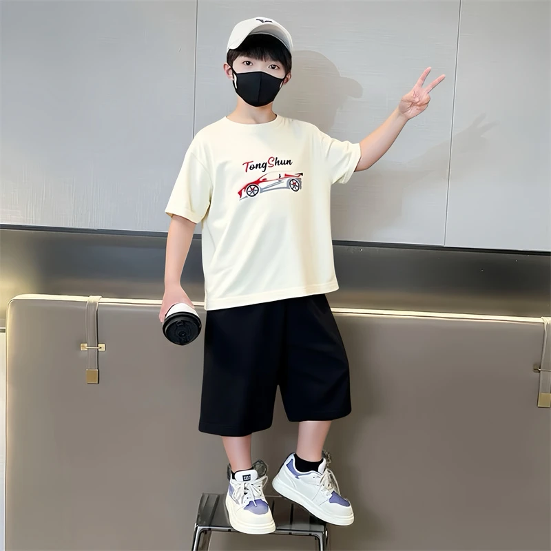 男女童夏装洋气新款潮款高品质韩系卡通时尚运动帅气短袖套装