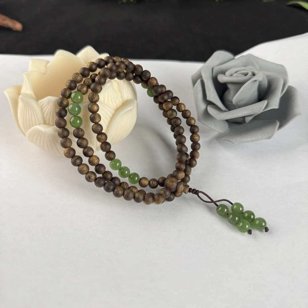 沉香约5mm绿奇楠沉香配碧玉圆珠DIY多圈手串