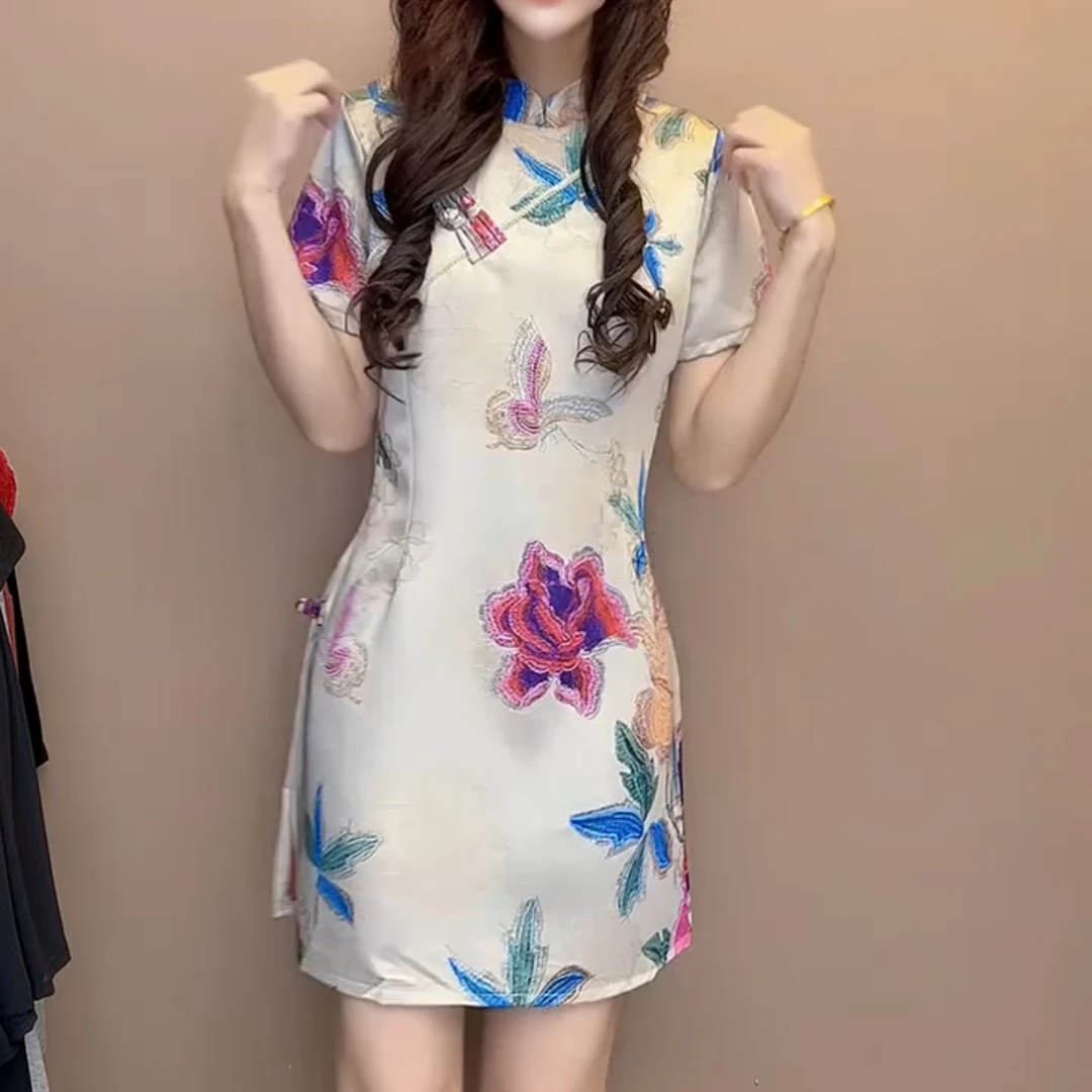 新中式中国风波西米亚风时尚连衣裙修身短款夏季印花