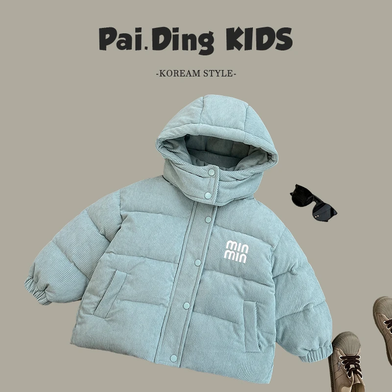 Q现货-冬儿童简约字母刺绣休闲连帽保暖棉服HCXZ3929