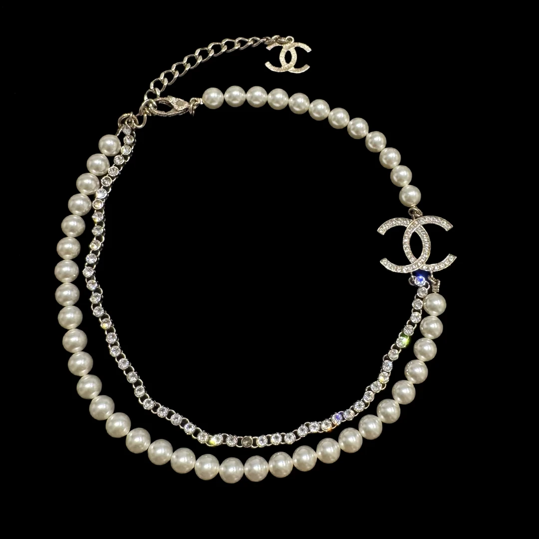 95新 Chanel/香奈儿 22v金色双层珍珠水钻双c项链 84813828