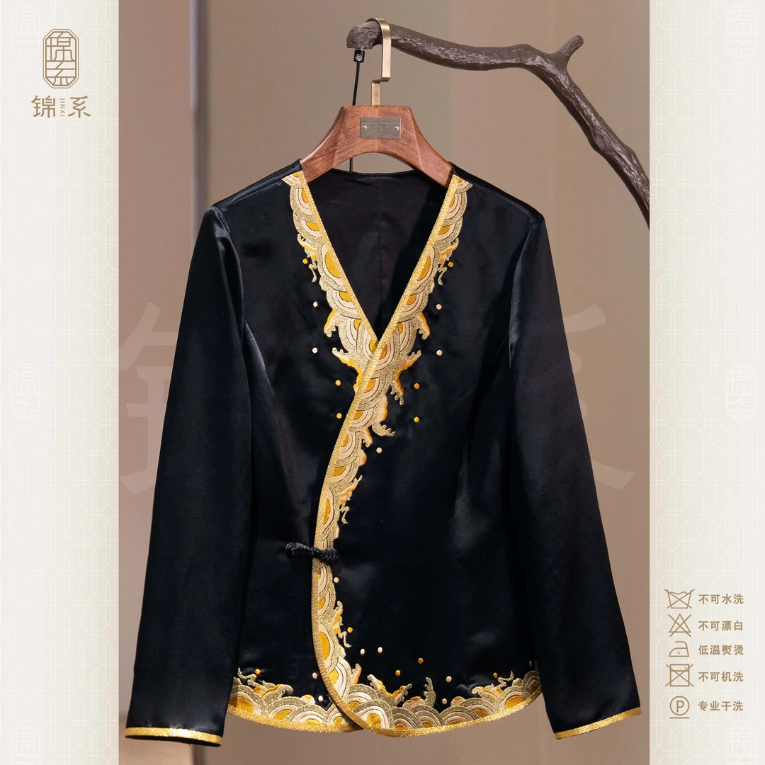 【锦系】丝毛缎新中式国风桑蚕丝绣花V领斜襟长袖外套E-383326