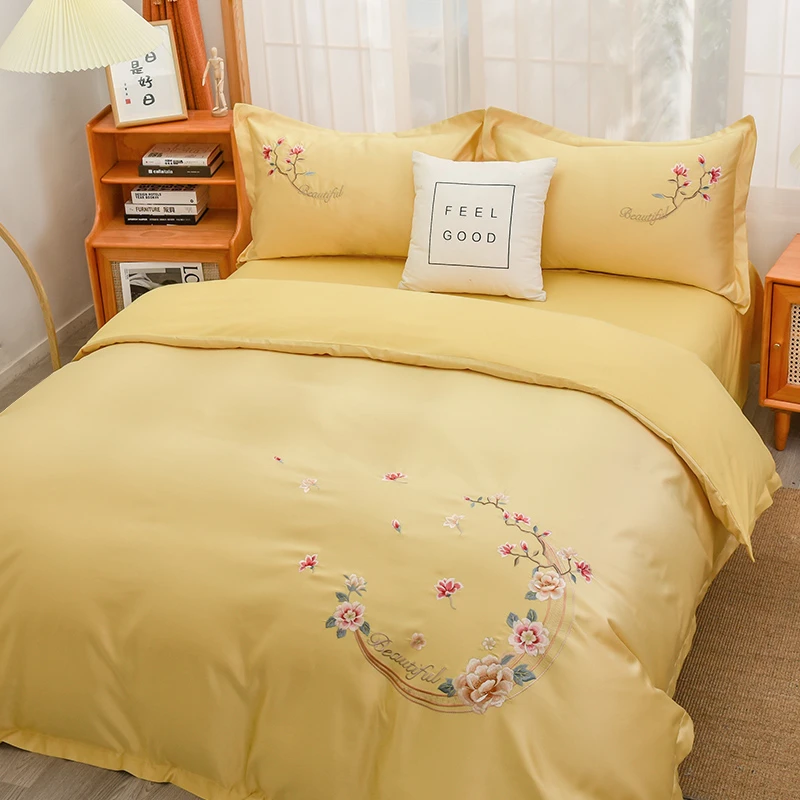 牡丹花绣花四件套全棉贡缎双人加大磨毛加厚套件纯棉刺绣粉色