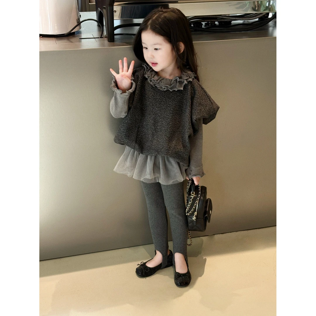 小粉象 ·女童2025秋季新款韩版纯色马甲内搭打底拼纱打底裤套装