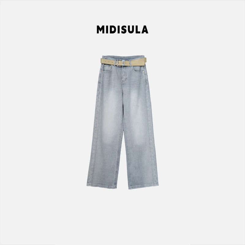 阿玉家&春夏显瘦百搭常规基础款直筒牛仔裤黄腰带灰色#0370