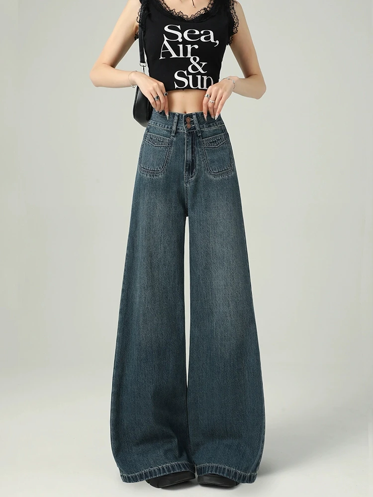 深蓝色加绒加厚阔腿牛仔裤女爆款2025新款小个子直筒裤冬装氛围感