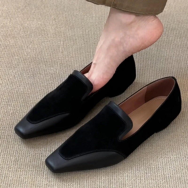 羊皮版~复古小方头一脚蹬乐福鞋女气质通勤小皮鞋百搭时尚单鞋女