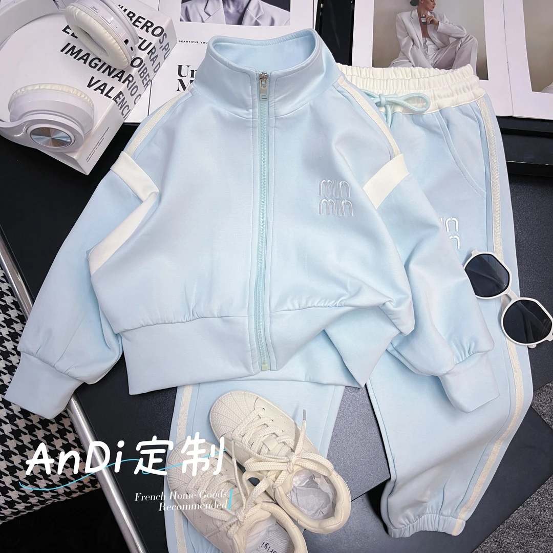 〖ANDI〗订制春季新款字母中大童拼色上衣裤子两件套套装3501