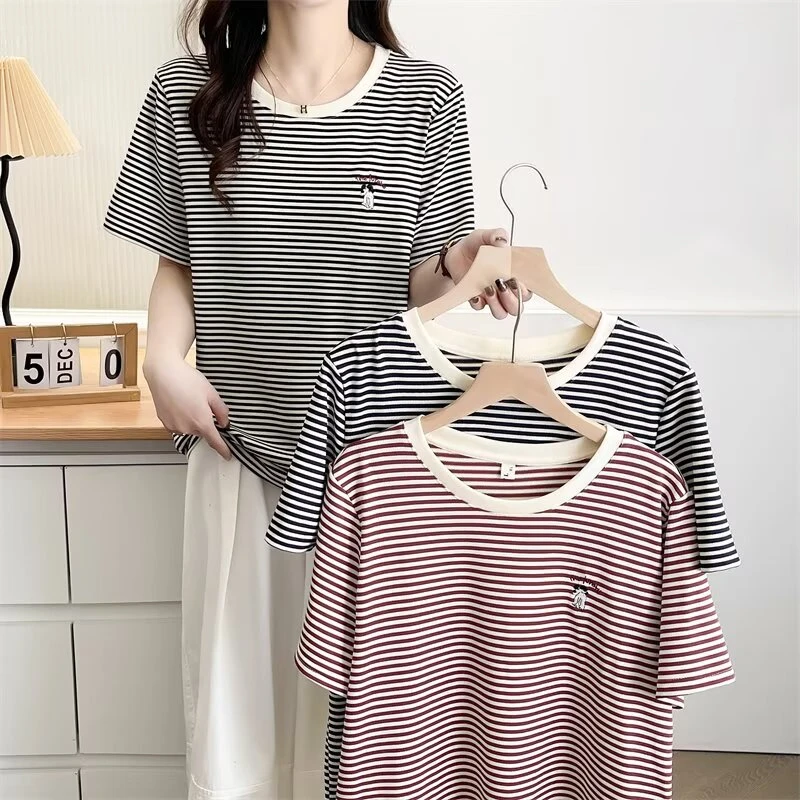 梦冬佳--110-200斤大码女装胖mm夏季显瘦洋气经典条纹衫短袖T恤