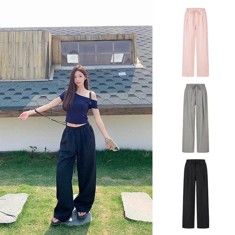 MosesQueen/魔西女王 高腰纯色百搭抽绳垂感休闲宽松显瘦阔腿长裤