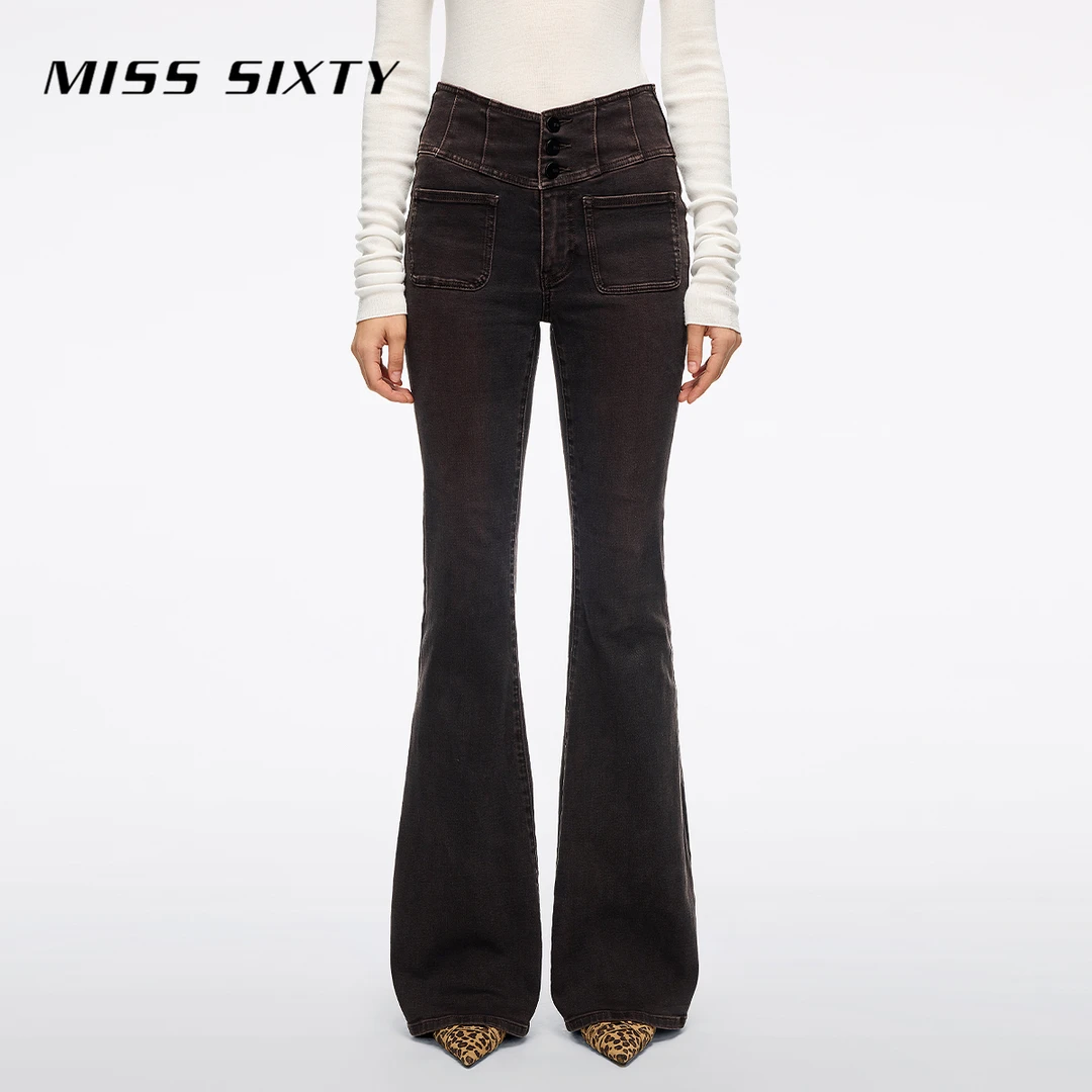 Miss Sixty2025冬季新款牛仔裤女V型腰磨破修身显瘦超模裤喇叭裤