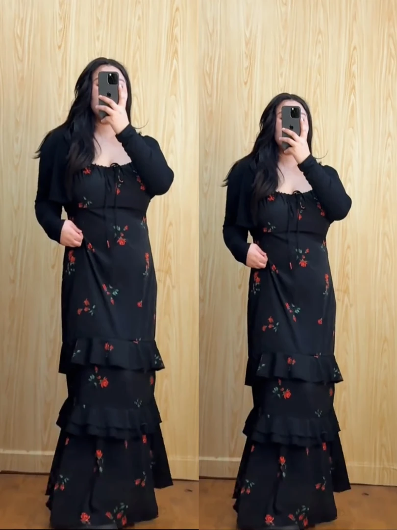 高个子加长大码碎花荷叶边连衣裙优雅气质超长裙