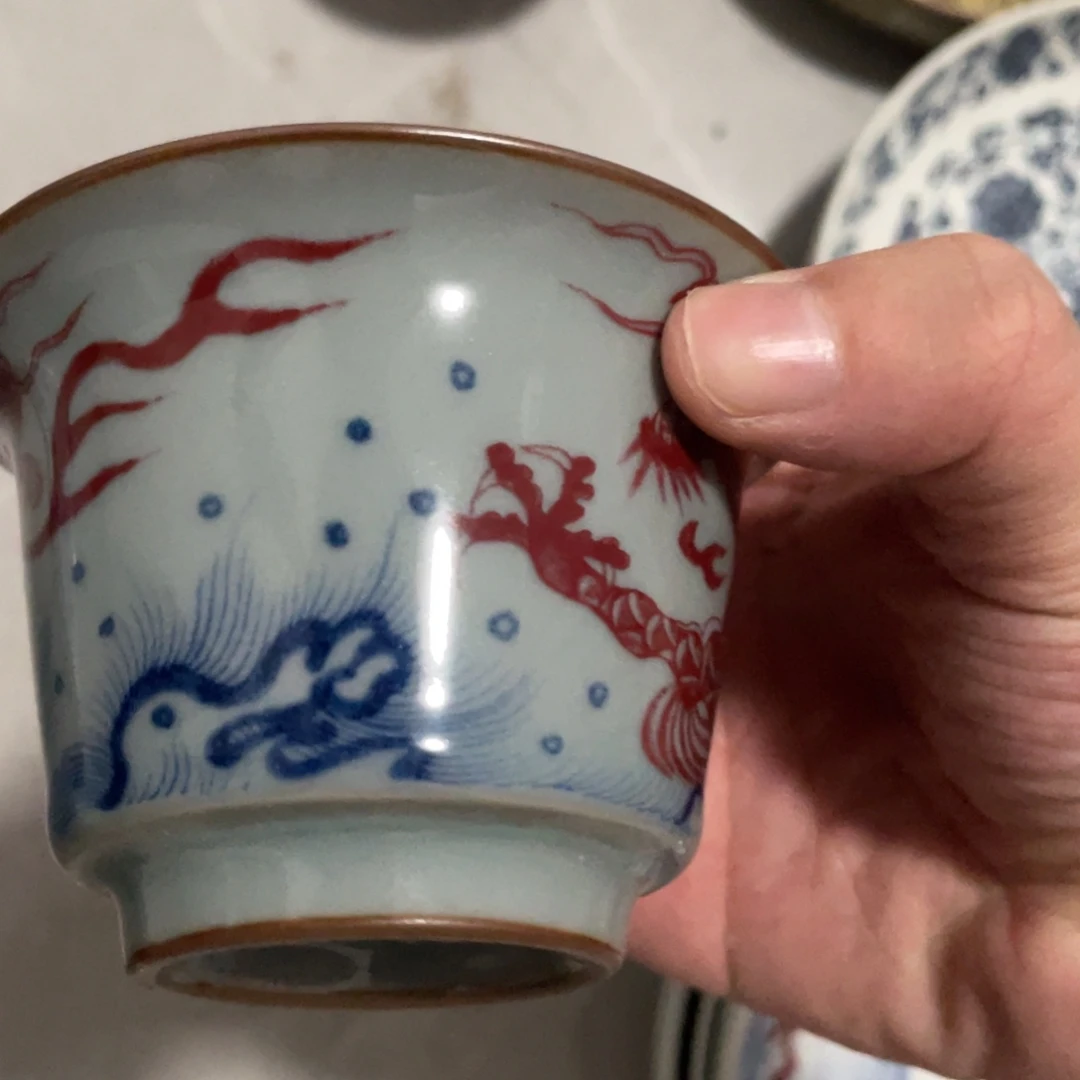 瓷片景德镇釉里红鱼化龙马蹄盖碗老陶泥
