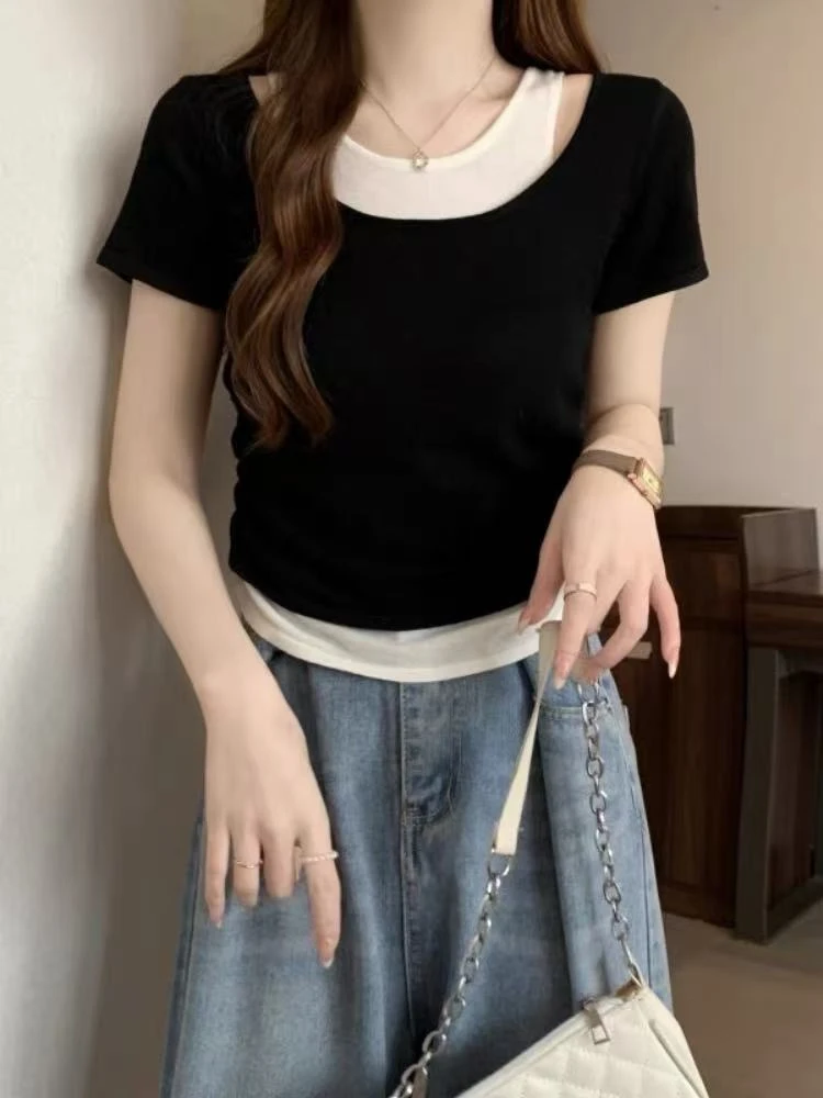 【福】夏季新款潮流韩版百搭女装假两件T恤（非看直播勿拍）