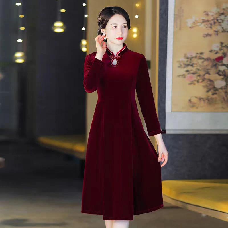 11624-中老年秋季新款长袖改良旗袍裙口袋中长款加绒连衣裙【六楼】
