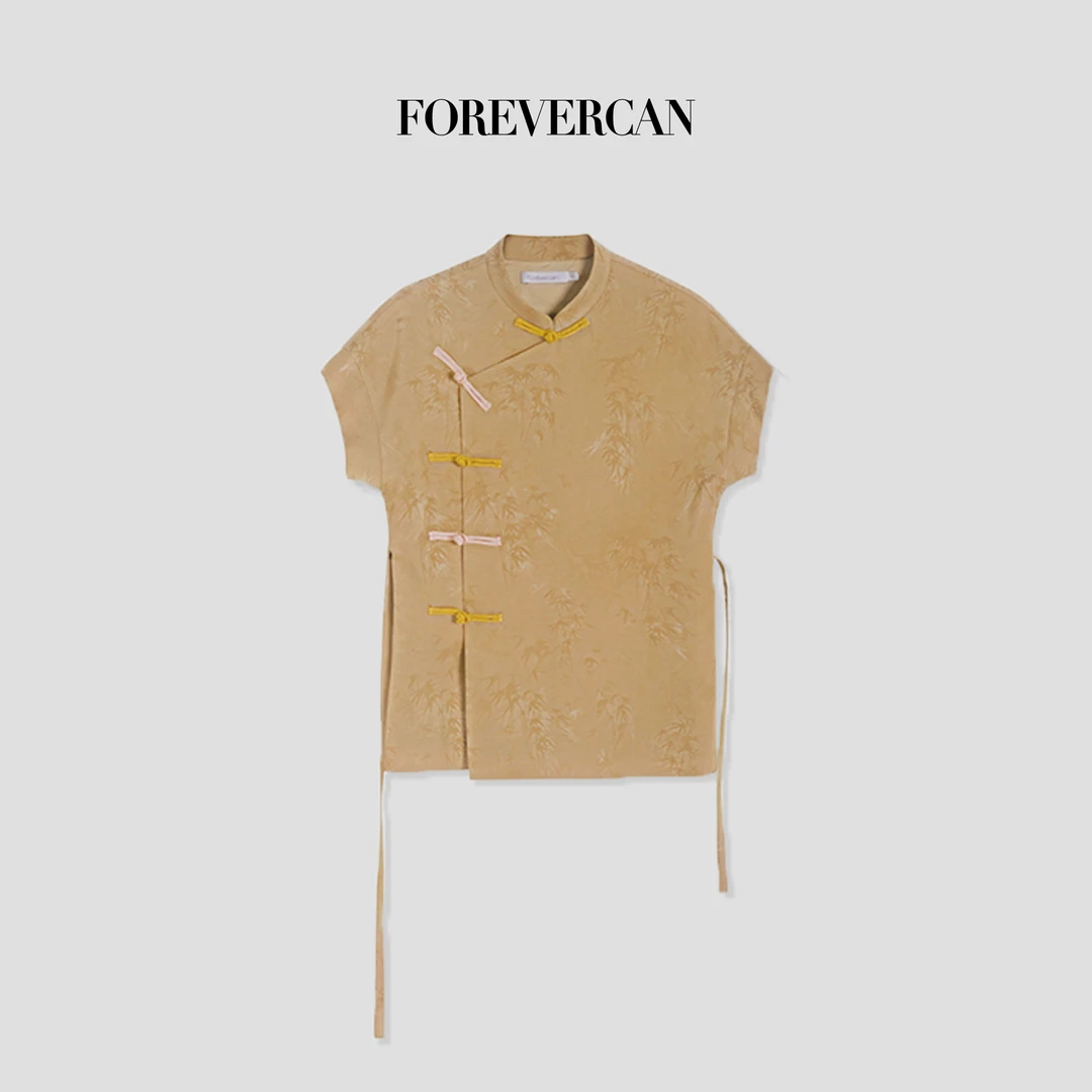 FOREVERCAN“亦竹”新中式国风提花盘扣短袖衬衫上衣 ST21394