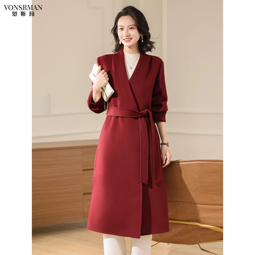 2025秋冬新款红色双面时尚大衣女高级感正肩高端呢外套中长款上衣