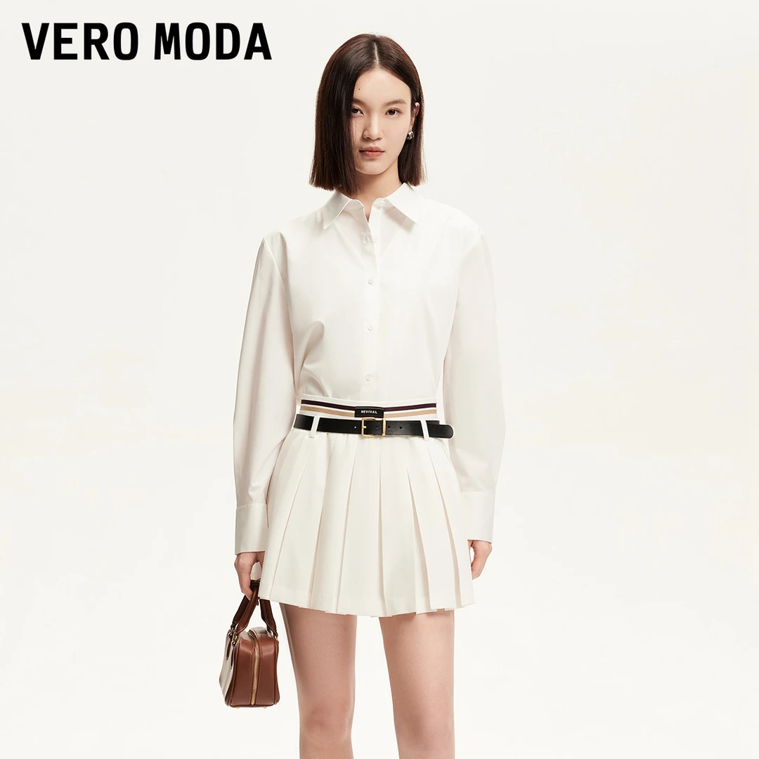 Vero Moda半身裙2025夏日穿搭撞色腰头学院风百褶短裙325216040