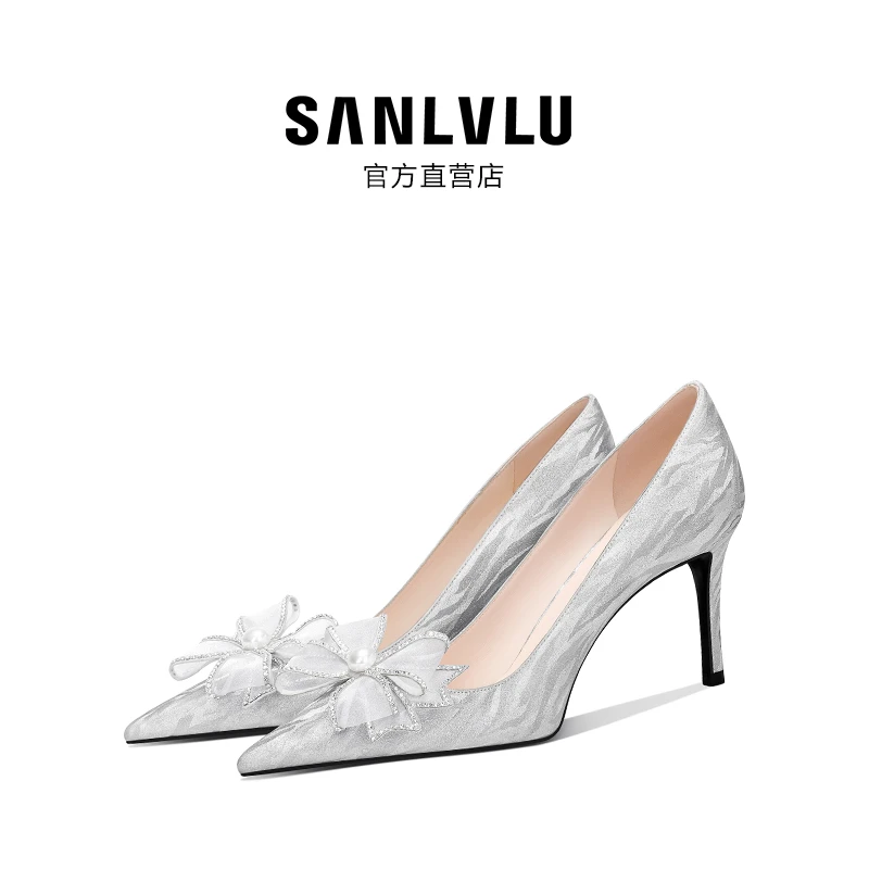 SANLVLU长治 2025秋新款仙女鞋蝴蝶结高跟鞋银色水晶鞋订婚鞋单鞋