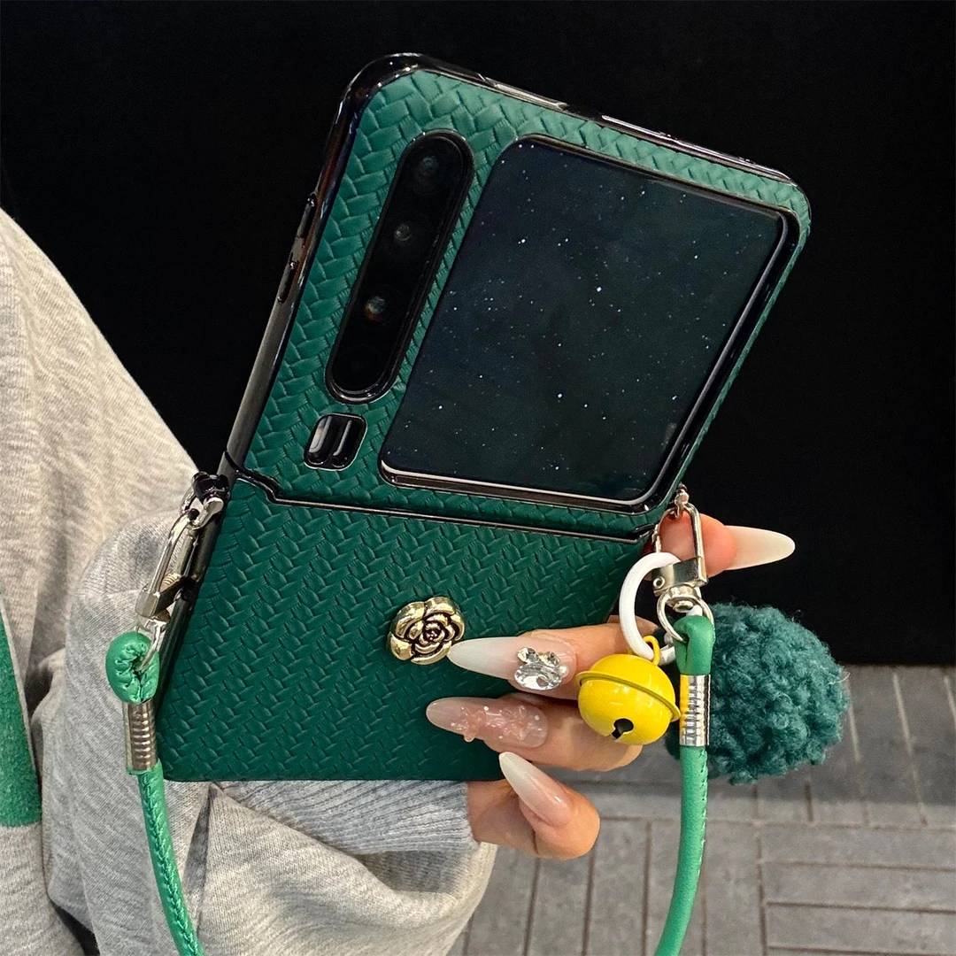 适用华为purax典藏版手机壳绿色编织纹pocket2立体山茶花毛球手绳