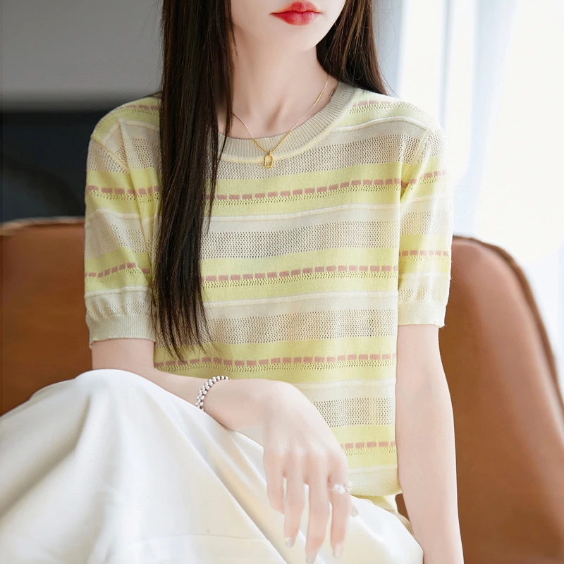 早春镂空冰丝短袖针织衫夏季短袖气质毛针织衫条纹百搭修身上衣