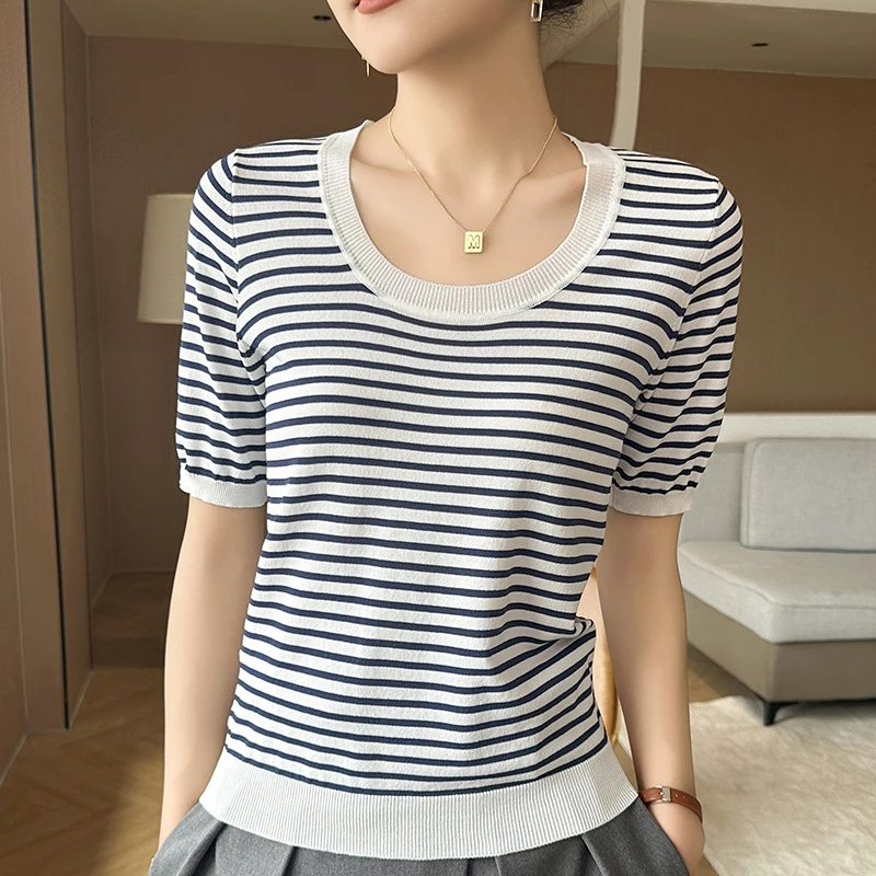 女士夏季韩版圆领曲竹冰丝针织衫时尚拼色彩条短袖T恤百搭背心