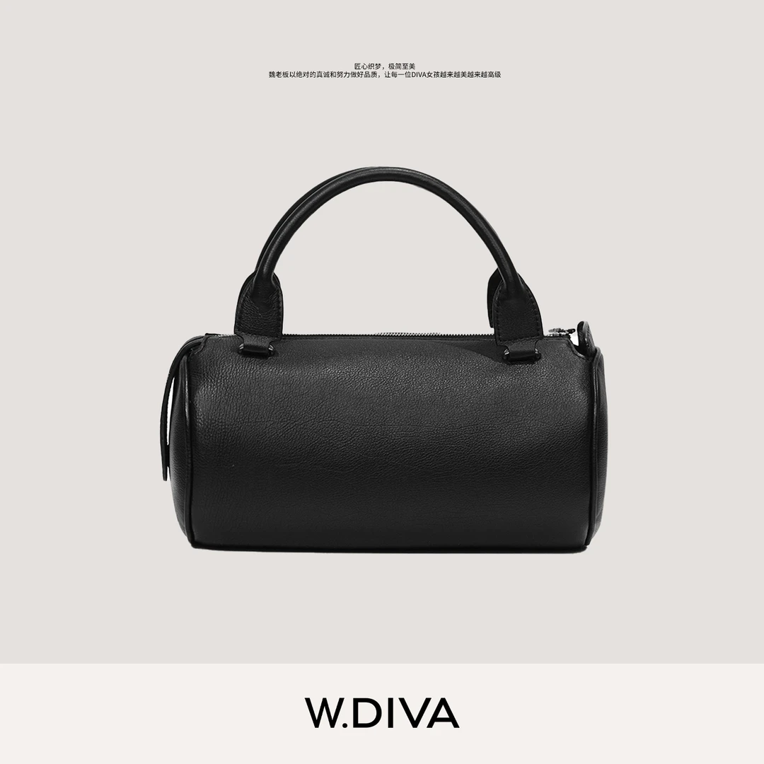 W.Diva【卢浮】胎牛皮羊皮休闲出行百搭圆筒黑色手提包50B292241