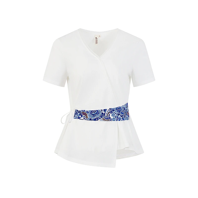 生活在左国风T恤配绣花系带优雅新中式气质2025短袖上衣N1952510