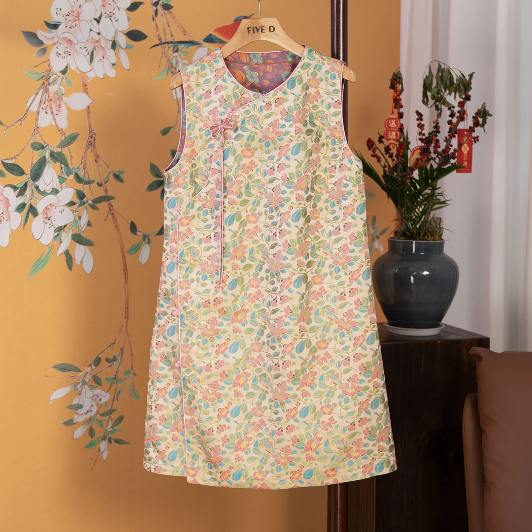 【山茶花鸟】国潮新中式重磅桑蚕丝宋锦气质百搭无袖连衣裙6512736