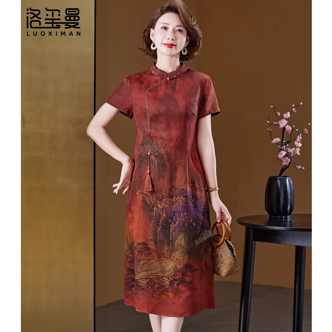 洛玺曼真丝香云纱高端连衣裙妈妈礼服桑蚕丝改良婚庆婚宴旗袍