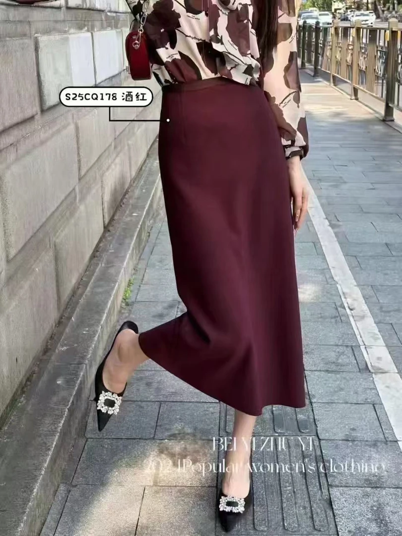 Q178，时尚2025夏季新款纯色OL风高腰气质百搭松紧腰开叉半身裙