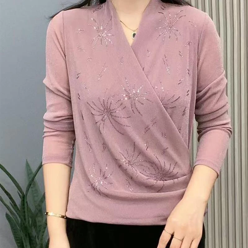 早秋交叉领长袖网纱上衣简约妈妈装J时尚褶皱显瘦烫钻纯色打底衫