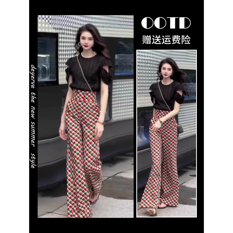 今年流行爆款多巴胺穿搭夏季高端阔腿裤套装女气质名媛职业两件套