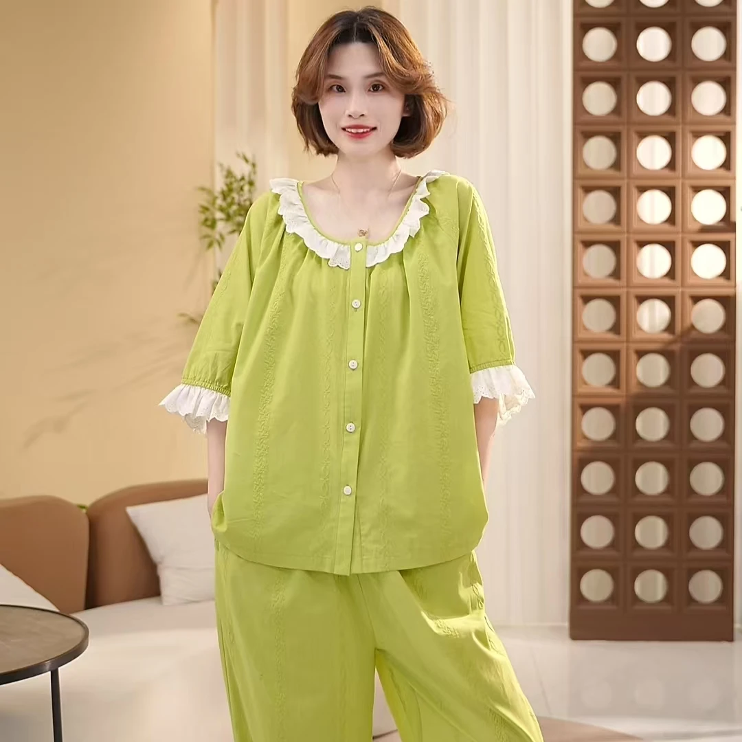 主播自留【锦绣绿】重磅手工刺绣纯棉高端家居服套装可外穿