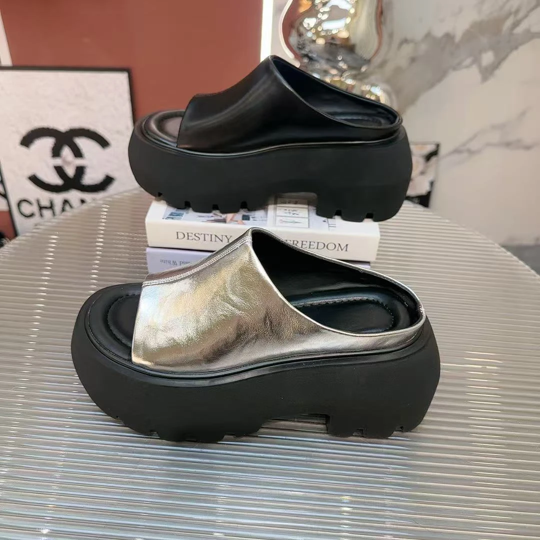 真皮厚底一字拖鞋女外穿夏季新款松糕增高露趾配裙度假沙滩鞋797