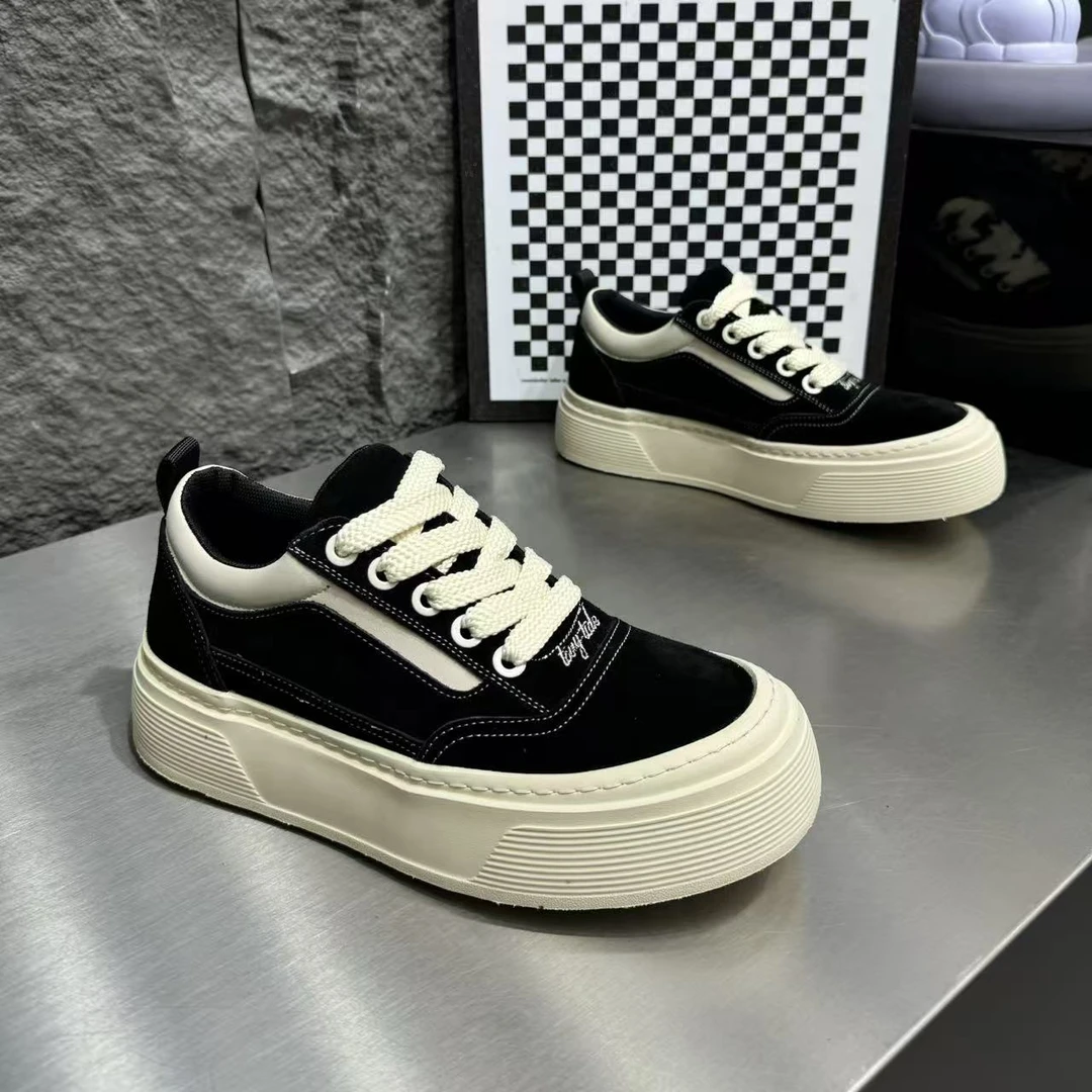 秋季透气磨砂皮厚底拼色休闲板鞋时尚增高休闲鞋百搭运动男鞋