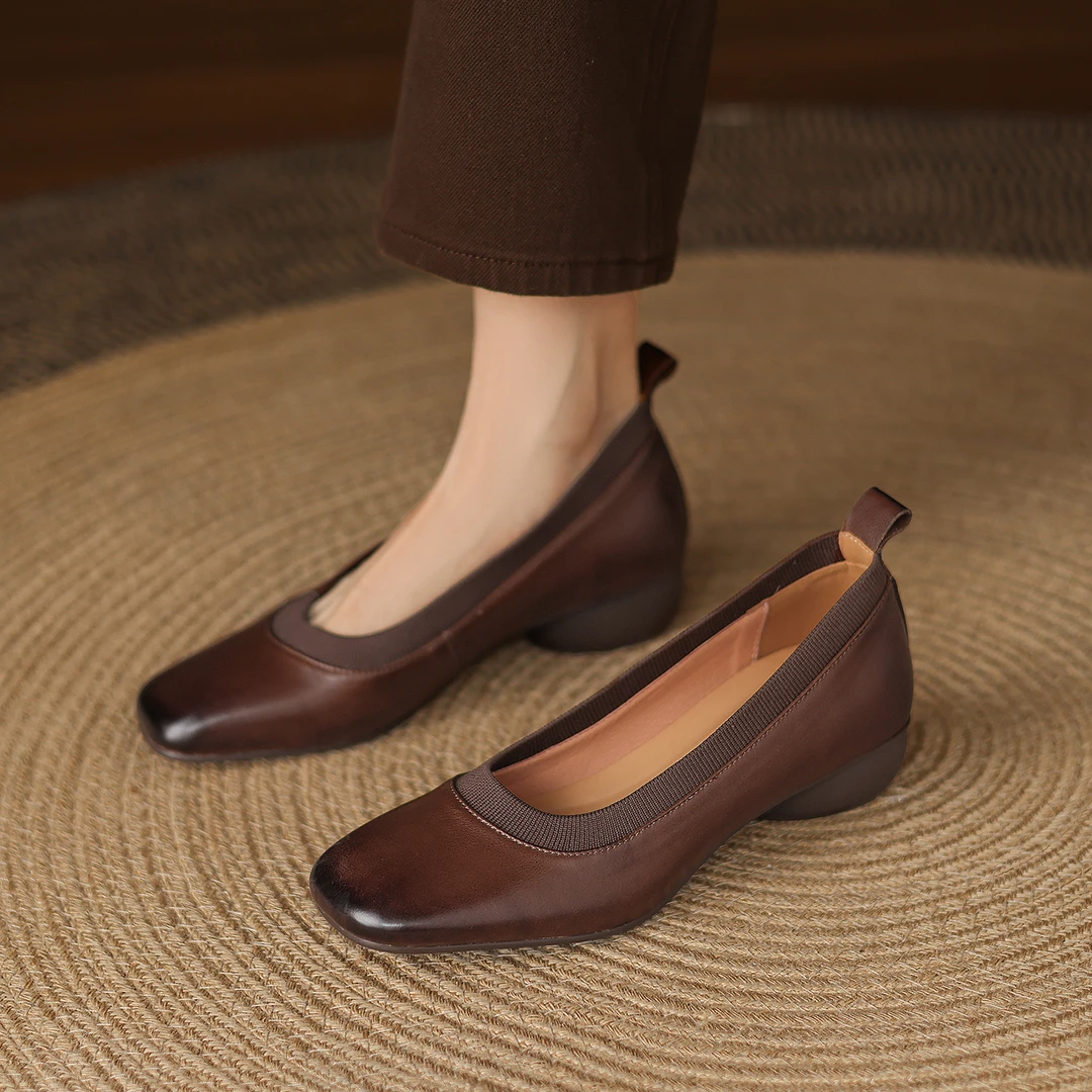 头层水洗油蜡牛皮！舒适通勤棕色单鞋女2025新款方头低粗跟小皮鞋
