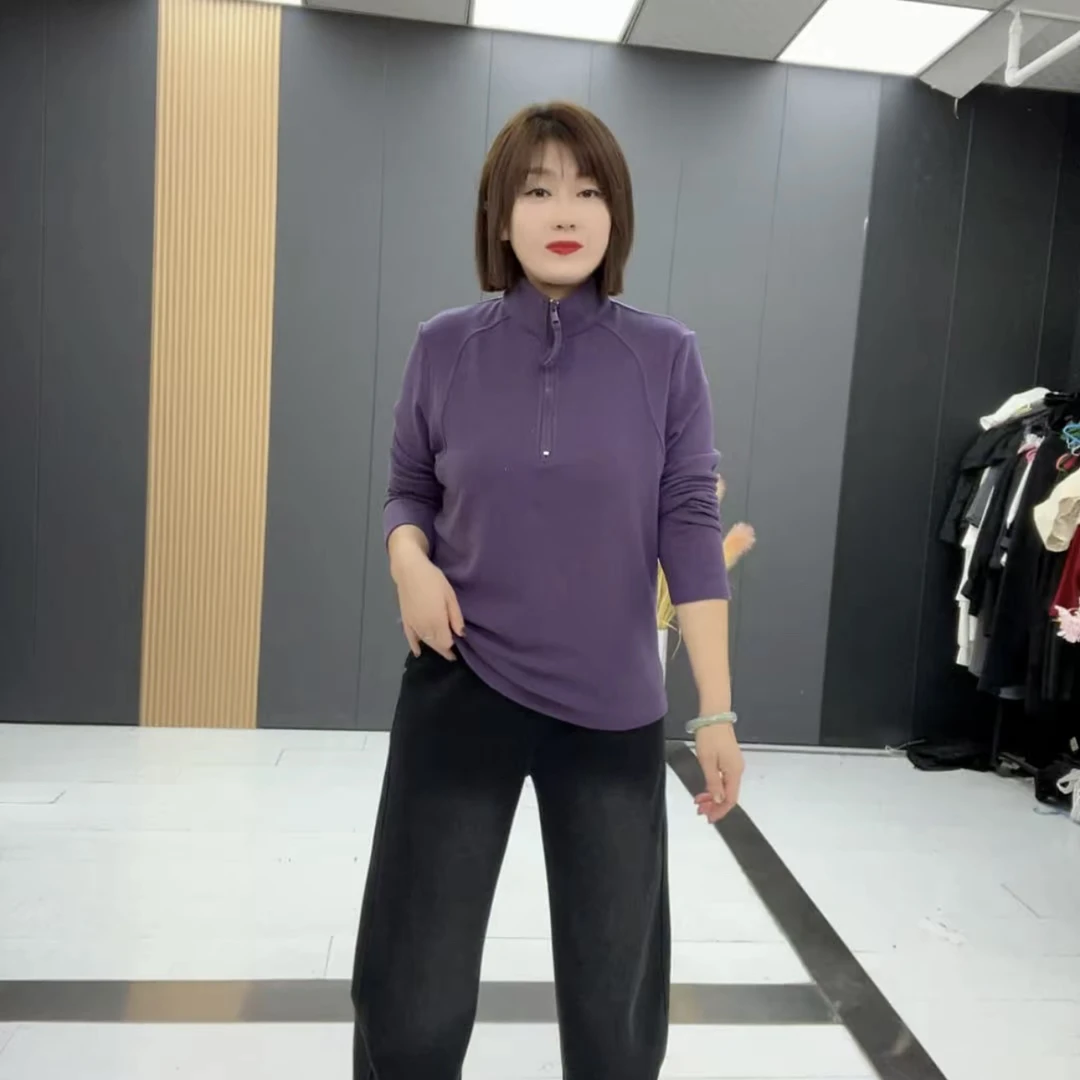 2924*大码时尚女装半拉链高领长袖大码T恤春秋百搭上衣衫