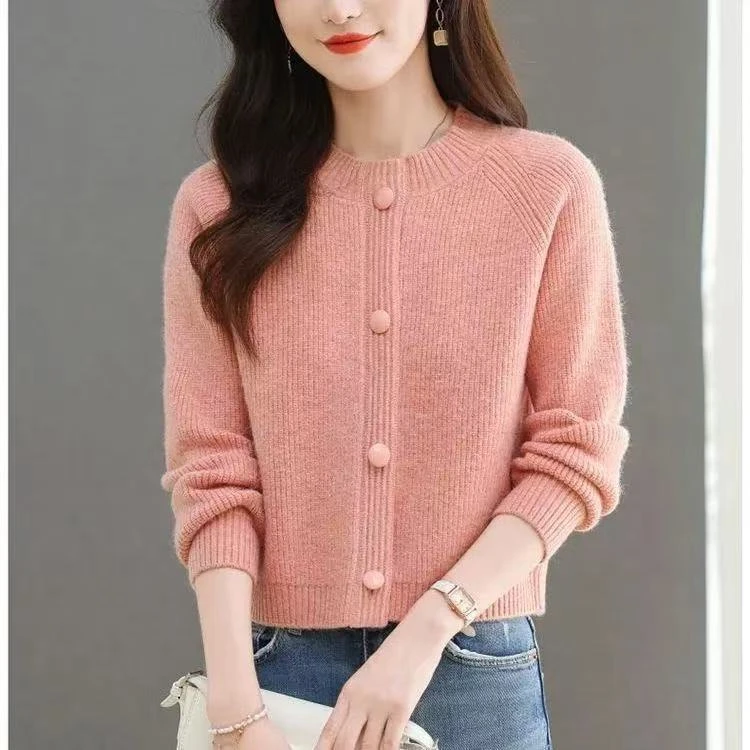 休闲气质女装上衣春秋新款洋气宽松小个子圆领针织毛衣开衫外套