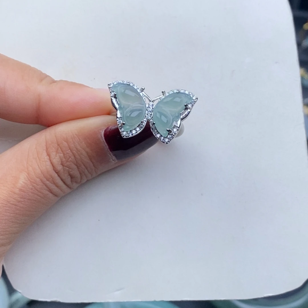 翡翠戒指银S925镶嵌蝴蝶戒指