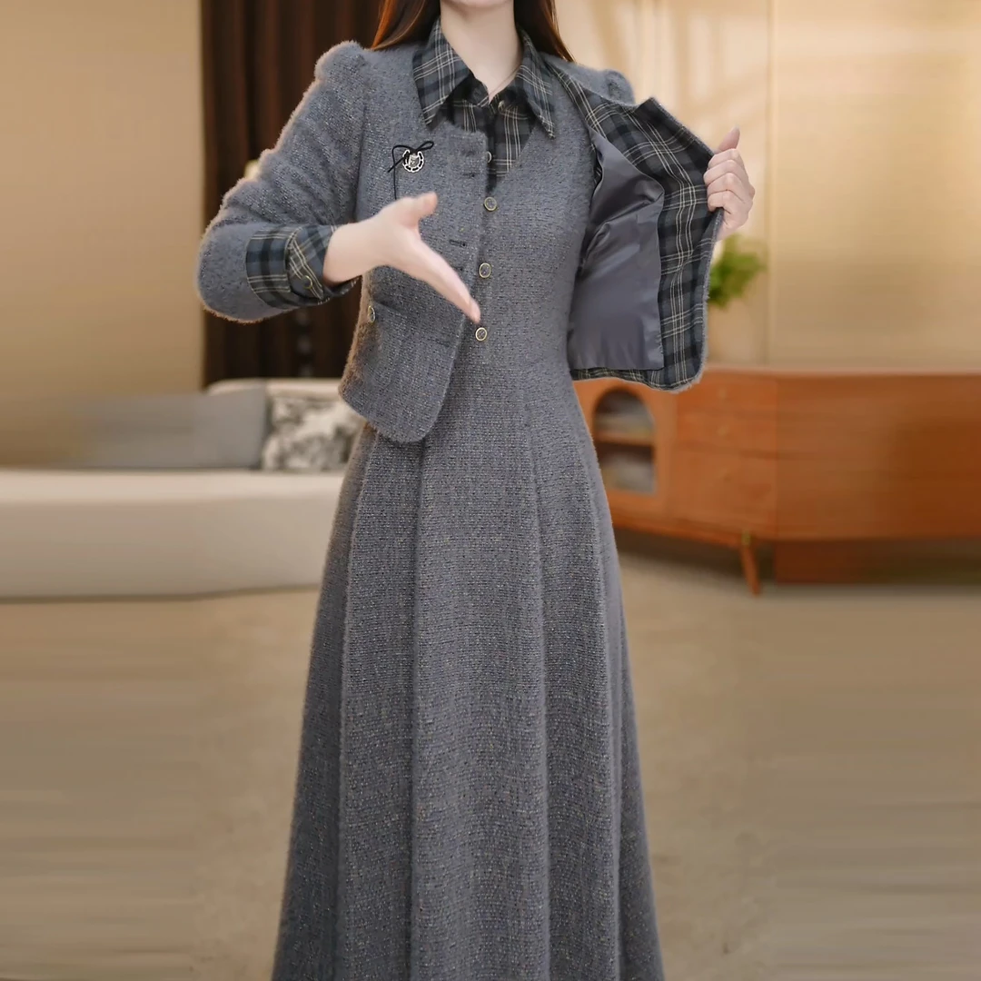 2025秋季时尚套装轻奢气质连衣裙加绒时尚冬季极简风复古通勤秋冬