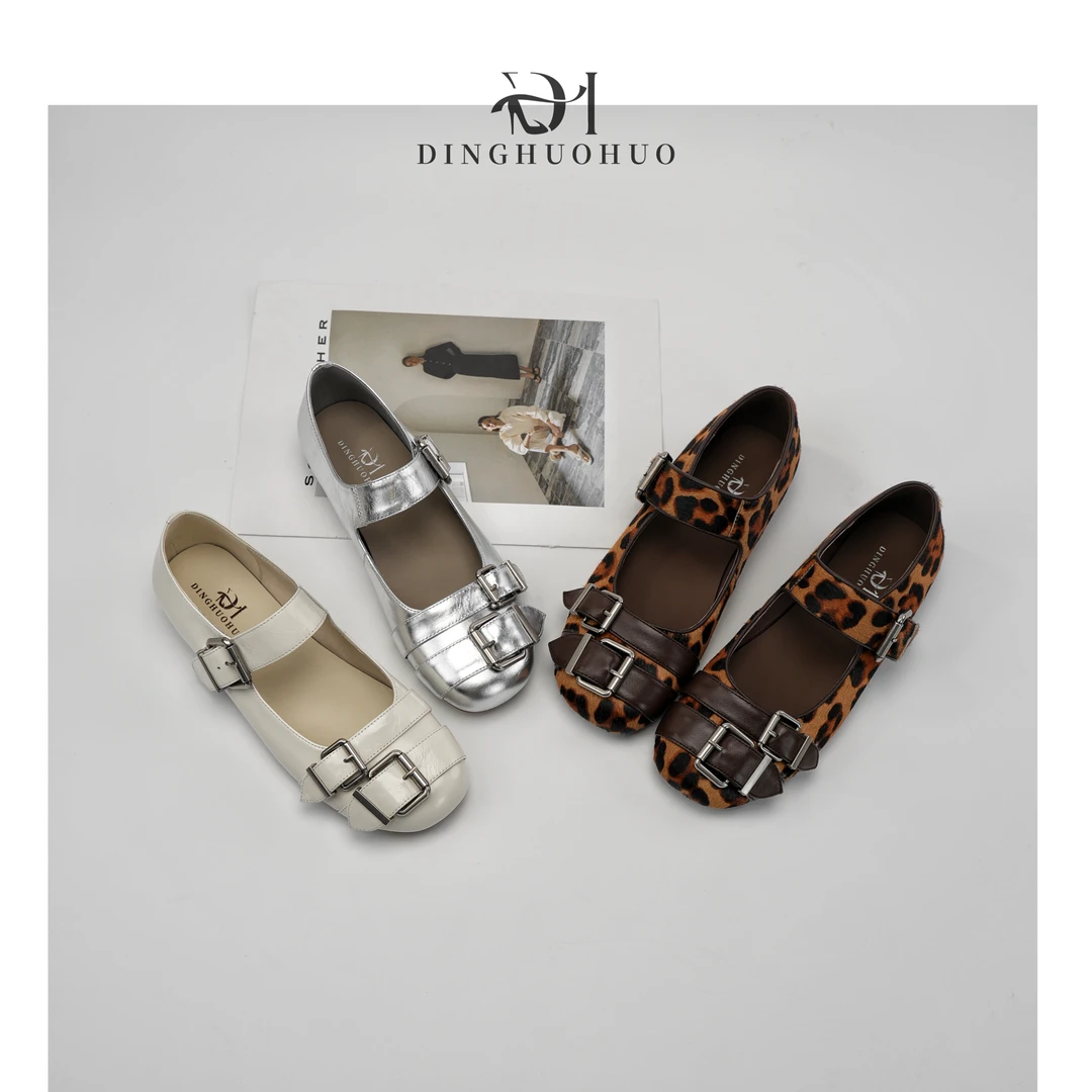 【Dhh】跟1CM•牛皮/马毛•圆头豹纹单鞋一字扣带平底舒适百搭玛丽珍