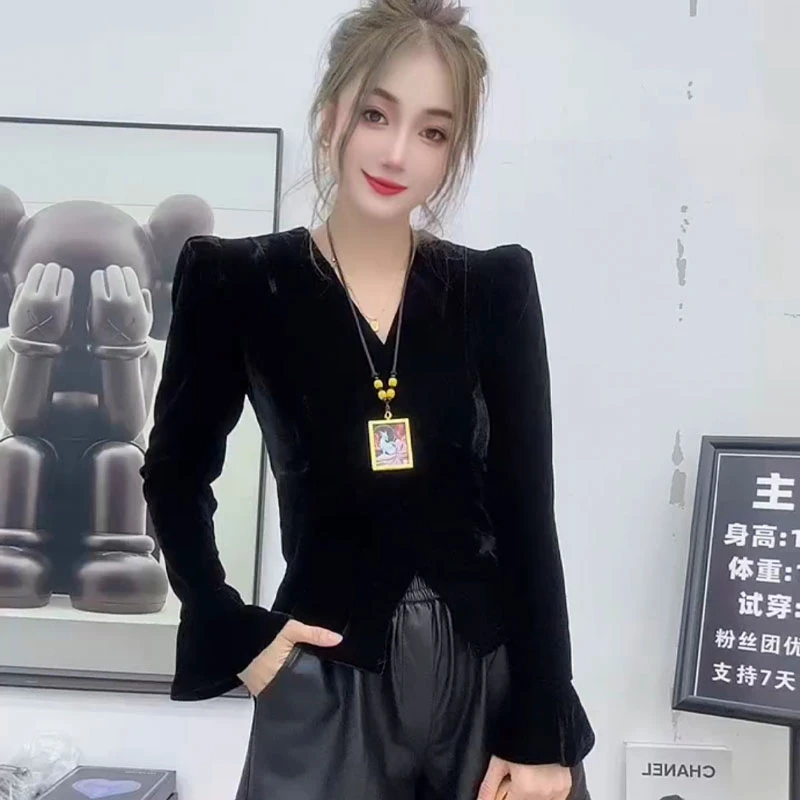 欧洲站2025秋季新款时尚休闲上衣女宽松显瘦百搭长袖丝绒上衣潮